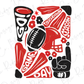 a red and black football sticker on a white background