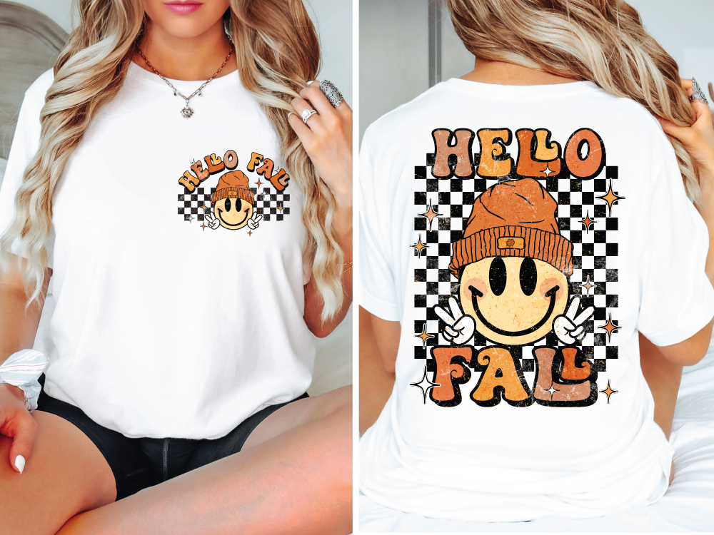 Retro Hello Fall Vibes Smiley Face Groovy Autumn Season (Back/Pocket Combo) Graphic T-Shirt