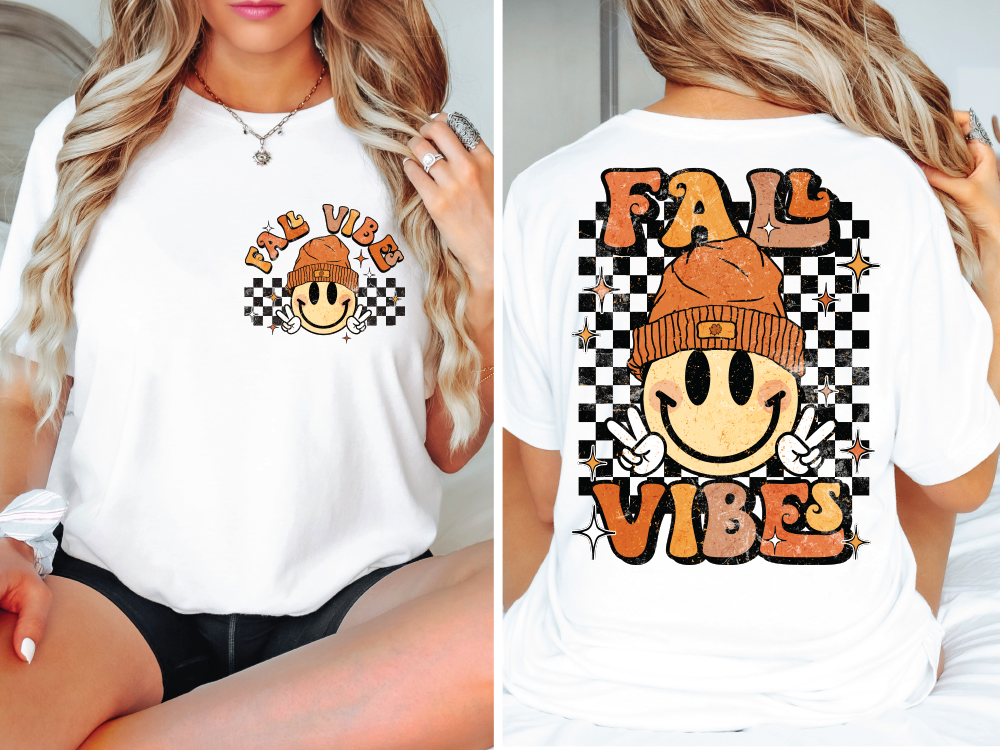 Retro Fall Vibes Smiley Face Groovy Autumn Season (Back/Pocket Combo) Graphic T-Shirt