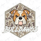a cartoon bulldog with a camouflage pattern, and the text "BULLDAWGS" is displayed below the dog's head.