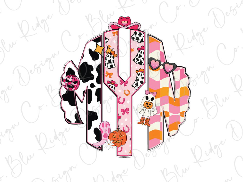 The image is a monogram made up of various colorful and whimsical elements, including a cow, a ghost, a pumpkin, and a cowboy hat.