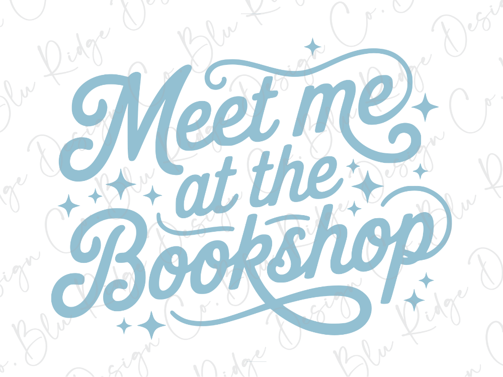 the text "Meet me at the Bookshop" in a stylized font, surrounded by small star-like shapes.