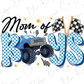 a blue monster truck with checkered flag on it