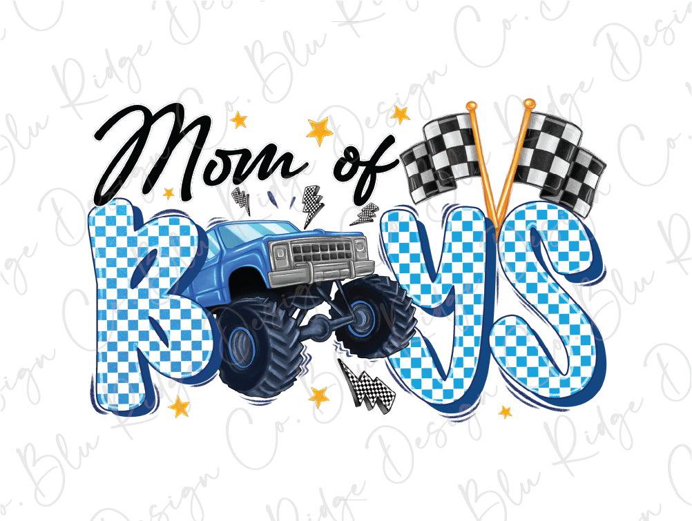 a blue monster truck with checkered flag on it