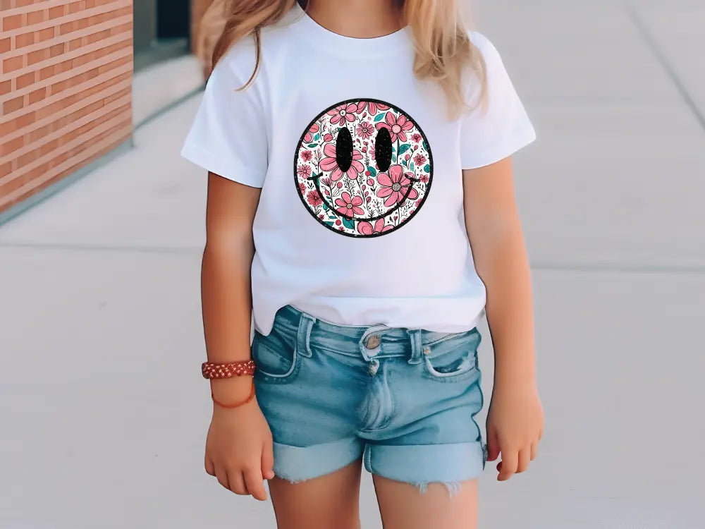 a little girl wearing a white shirt with a smiley face on it