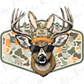 A deer wearing sunglasses and a hat with the word "Egg Hunter" on it, surrounded by Easter eggs and decorations.