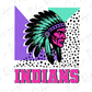 a colorful illustration of a Native American headdress with the word "INDIANS" written below it in bold pink letters.