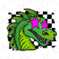 A cartoon-style illustration of a green dragon with pink star-shaped eyes, set against a black and white checkered background.