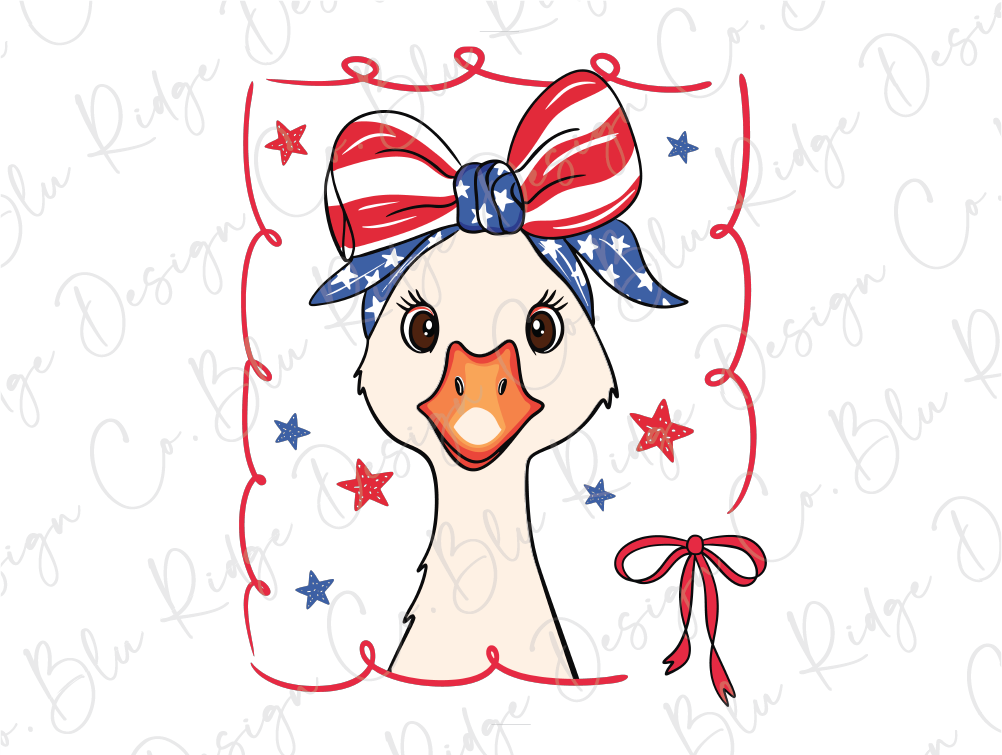 a white bird with a red, white and blue bow