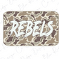 A camouflage-patterned sticker or decal with the word "REBELS" written in a bold, stylized font.