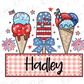 three ice cream cones with red, white and blue toppings