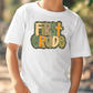 a young boy wearing a white shirt with the words first grade printed on it