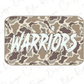A camouflage-patterned sticker or decal with the word "WARRIORS" written in bold, white letters.