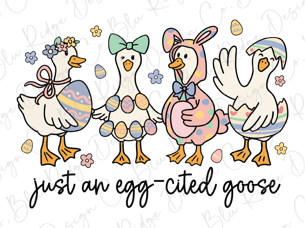 A group of four cartoon ducks, each wearing a unique Easter-themed outfit, standing together and holding Easter eggs. The text below the image reads "Just an egg-cited goose".