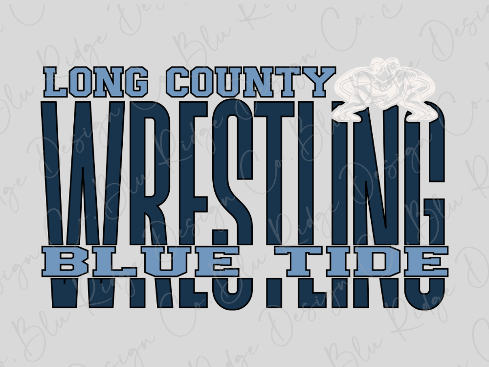 the text "LONG COUNTY WRESTLING BLUE TIDE" in a stylized font, with the word "BLUE" emphasized in a larger size.