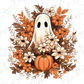 a ghost surrounded by flowers and a pumpkin