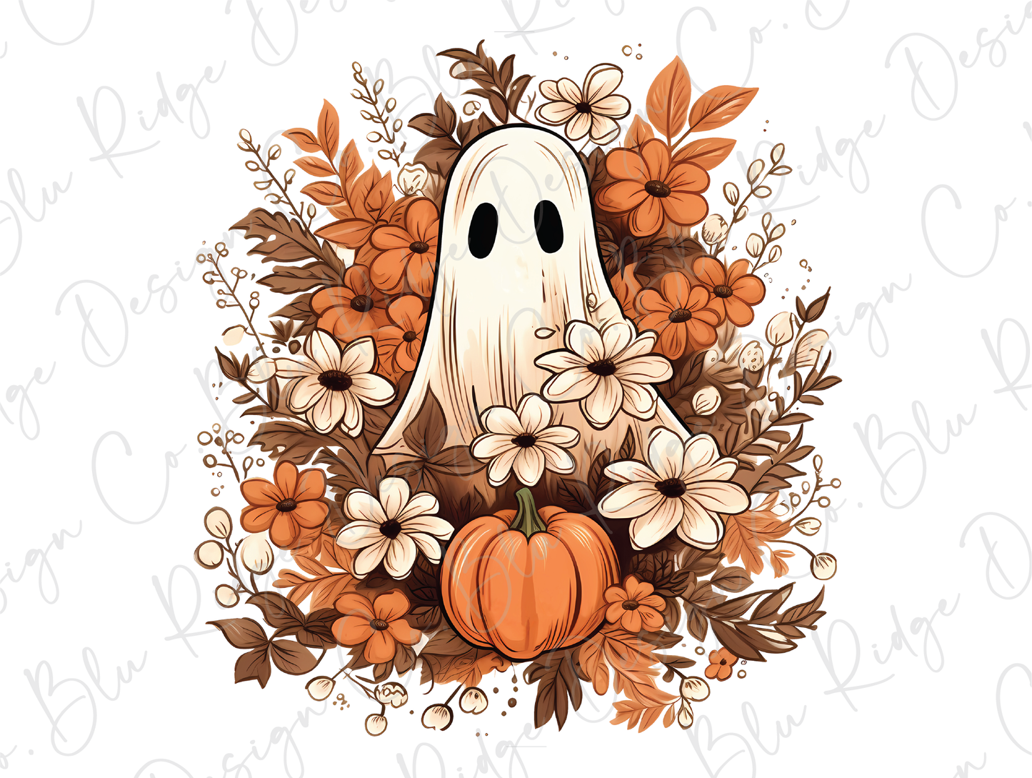 a ghost surrounded by flowers and a pumpkin