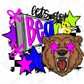 A colorful and stylized illustration featuring a bear with large eyes and a mouth, surrounded by various shapes and text elements such as stars, arrows, and the phrase "Let's go Bears".