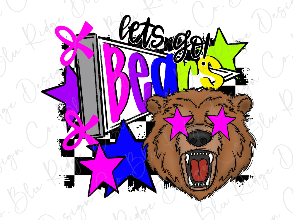 A colorful and stylized illustration featuring a bear with large eyes and a mouth, surrounded by various shapes and text elements such as stars, arrows, and the phrase "Let's go Bears".