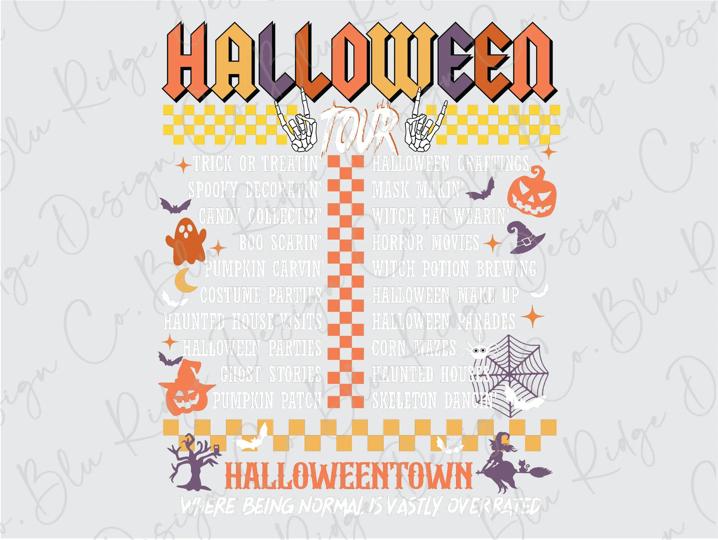 a halloween party poster with a checkered pattern