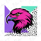 A stylized illustration of a pink eagle head with a black beak and sharp talons, set against a background of geometric shapes in various colors including purple, green, and white.