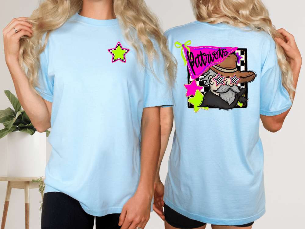 two women wearing light blue t-shirts with a graphic design on the back.