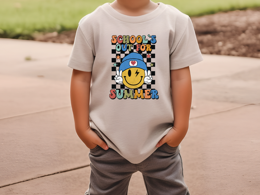a young boy wearing a t - shirt that says school is for summer