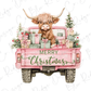 a watercolor painting of a cow in the back of a pink truck