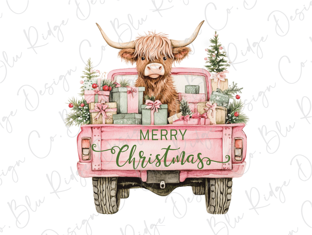 a watercolor painting of a cow in the back of a pink truck