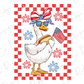 a white chicken with a red, white, and blue flag on it's