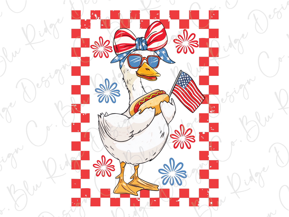 a white chicken with a red, white, and blue flag on it's