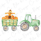 a drawing of a farmer on a tractor with pumpkins