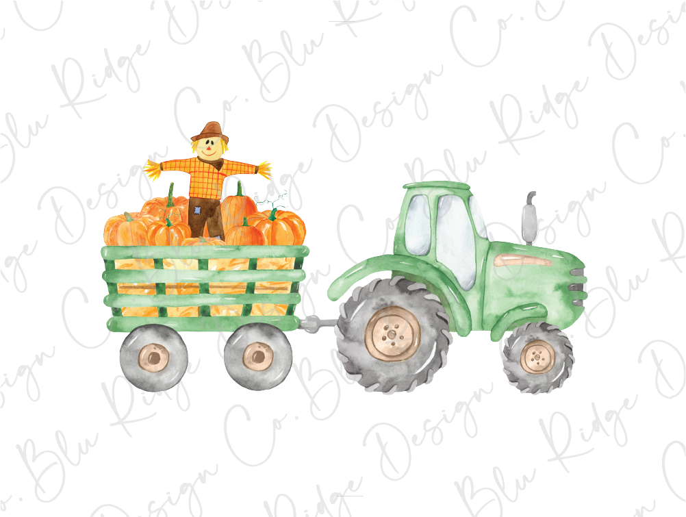 a drawing of a farmer on a tractor with pumpkins