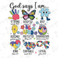 a cross stitch pattern with the words god says i am