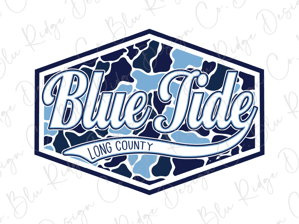 a logo for Long County, with the text "Blue Tide" prominently displayed in a stylized font.