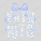 the word "PATRIOTS" written in a stylized, floral-patterned font, with a large blue bow above the letters.