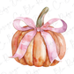 a watercolor painting of a pumpkin with a pink bow