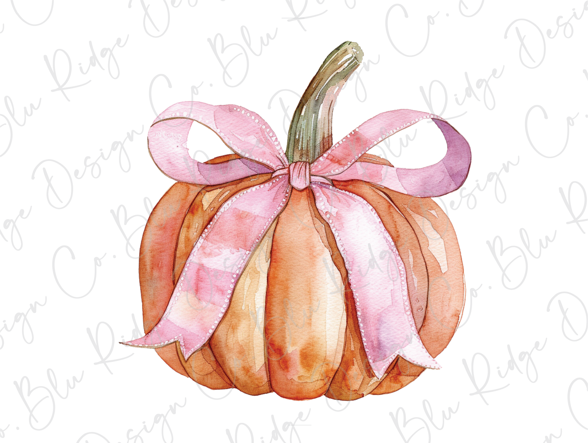 a watercolor painting of a pumpkin with a pink bow