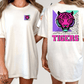 A woman wearing a white t-shirt with a graphic of a tiger and the word "TIGERS" printed on the back.