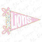A pink triangular flag with the word "LIONS" written on it, along with two pink bows.