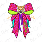 A cartoon illustration of a cat's head wearing a large pink bow with a leopard print pattern.