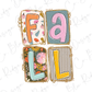 The image is a colorful and artistic representation of the word "FALL" composed of four different shapes and patterns, each containing a different color and design.