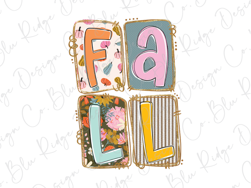 The image is a colorful and artistic representation of the word "FALL" composed of four different shapes and patterns, each containing a different color and design.