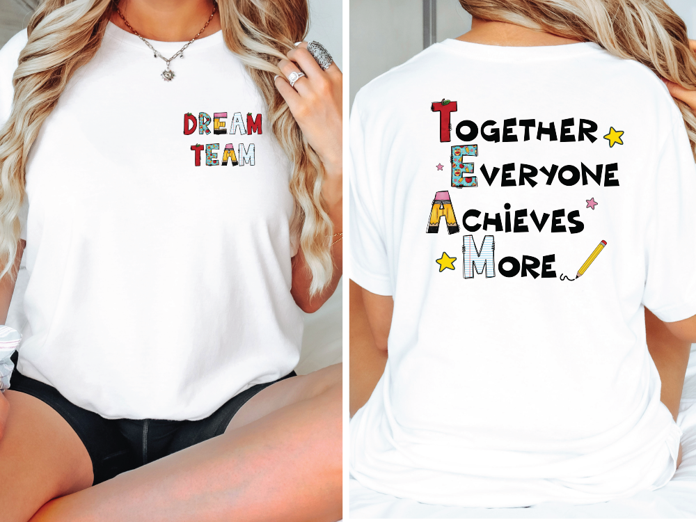 two pictures of a woman wearing a t - shirt that says together everyone achieves