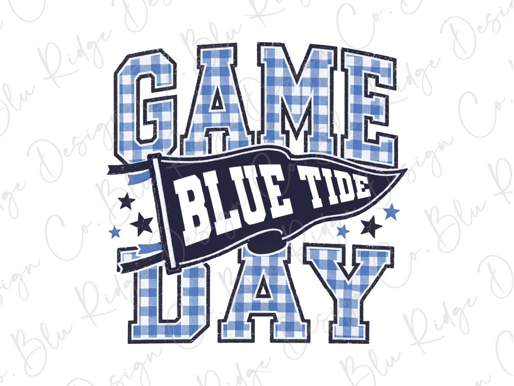 a banner with the text "GAME BLUE TIDE" in a blue and white checkered pattern, along with a flag design.