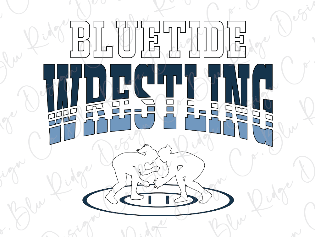 a blue and white wrestling logo on a white background