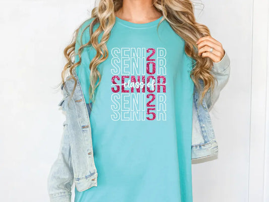 a woman wearing a t - shirt that says senior senior