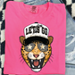 A pink t-shirt with a graphic of a smiling leopard wearing sunglasses and a baseball cap, along with the text "LET'S GO".