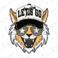 A stylized illustration of a cat wearing a hat with the text "LET'S GO" and sunglasses with stars.