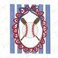 a baseball bat and ball, framed within a decorative border of blue and red stripes.